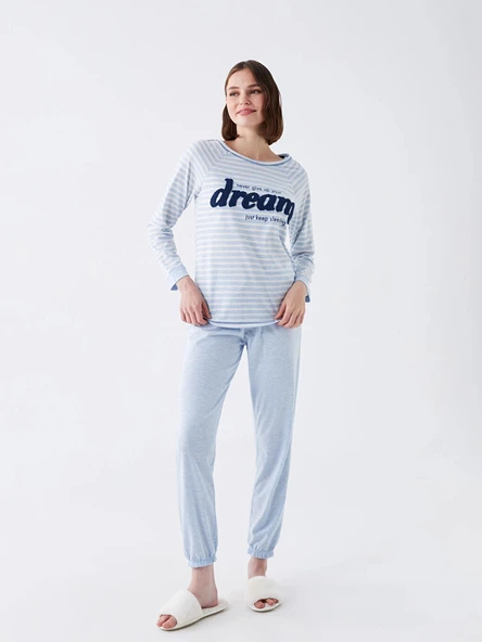 LCW DREAM Mavi Bisiklet Yaka Nakışlı Uzun Kollu Kadın Pijama Takımı ürün görseli 1