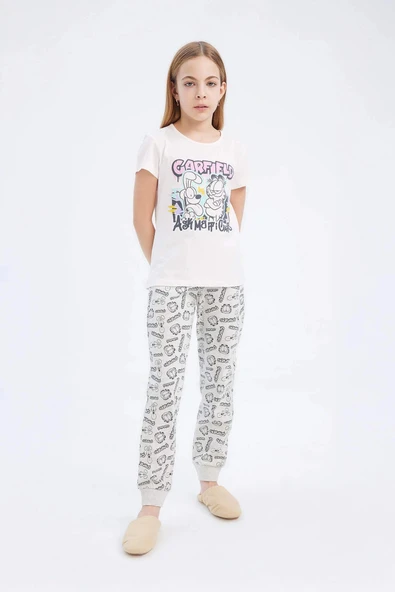 Defacto E2223 Pembe Kız Çocuk Garfield Pijama Takımı Kısa Kollu Üst Beli Lastikli Uzun Alt ürün görseli 1