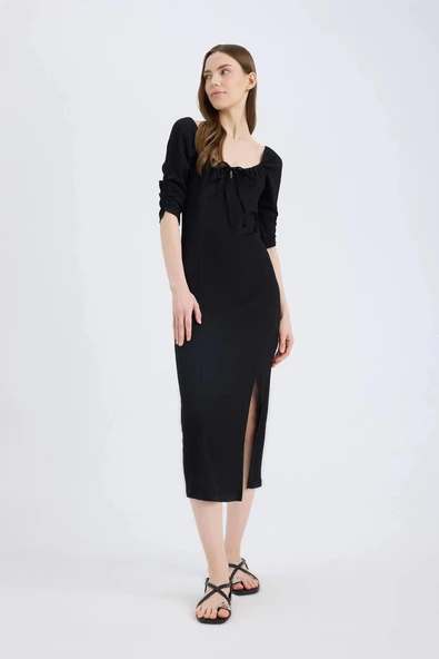 Defacto E0885 Siyah Bodycon Vücudu Saran Kare Yaka Yırtmaçlı Basic Düz Bürümcük Yarım Kol Siyah Midi Elbise ürün görseli 1