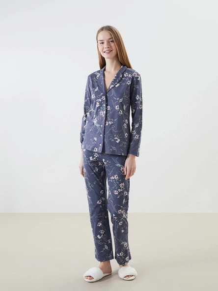 LCW DREAM ANTRASİT Gömlek Yaka Çiçekli Kadın Pijama Takım ürün görseli 1