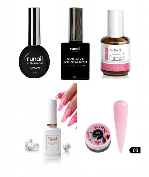 Kalıcı Oje Set 2 ( Runail Top + Base Coat + Primer 15ml) + Blooming Jel 15ml + Hamur Jeli 15ml Pink ürün görseli 1