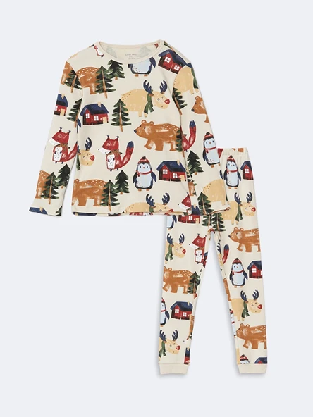 LCW baby Bej Bisiklet Yaka Baskılı Erkek Bebek Pijama Takımı ürün görseli 1