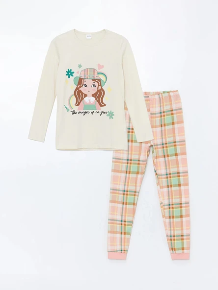 LCW Kids Ekru Bisiklet Yaka Baskılı Uzun Kollu Kız Çocuk Pijama Takımı ürün görseli 1