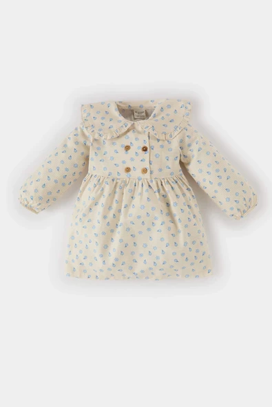 Defacto D9568 Bej Kız Bebek Çiçekli Uzun Kollu Twill Elbise ürün görseli 1