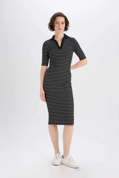Defacto E6792 Siyah Bodycon Vücudu Saran Polo Yaka Fitilli Kaşkorse Kısa Kollu Midi Elbise ürün görseli 1
