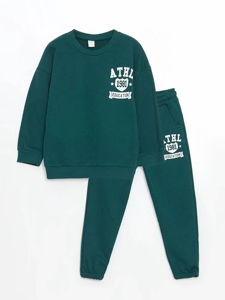 LCW Kids YEŞİL Bisiklet Yaka Baskılı Erkek Çocuk Sweatshirt ve Eşofman Alt 2'li ürün görseli 1