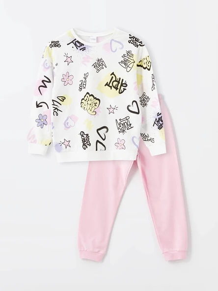 LCW Kids EKRU Bisiklet Yaka Baskılı Uzun Kollu Kız Çocuk Pijama Takımı ürün görseli 1
