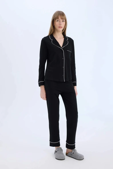 Defacto D6846 Siyah Fall in Love Pijama Takımı Uzun Kollu Pijama Üstü Esnek Belli Uzun Pijama Altı ürün görseli 1