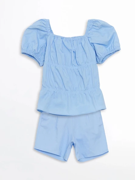 LCW Kids MAVİ Keten Karışımlı Kız Çocuk Bluz ve Şort ürün görseli 1