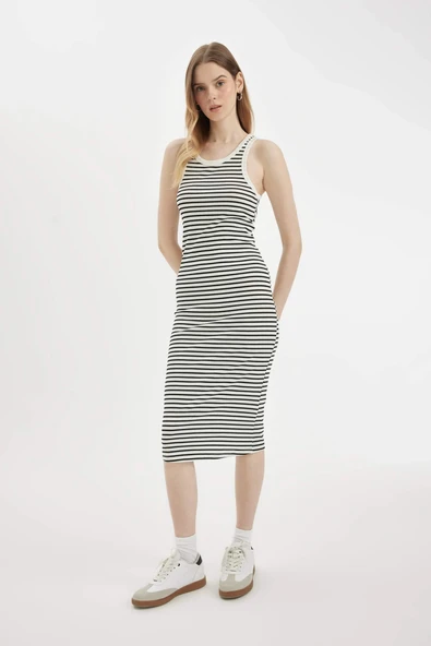 Defacto C8845 Beyaz Bodycon Halter Yaka Çizgili Fitilli Kaşkorse Kolsuz Midi Elbise ürün görseli 1
