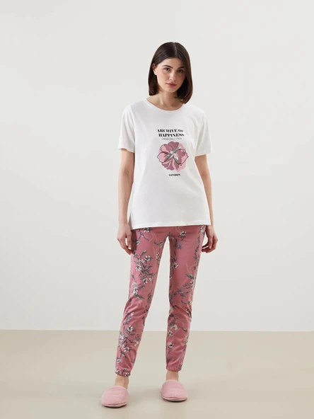 LCW DREAM PEMBE Bisiklet Yaka Çiçekli Kadın Pijama Takımı ürün görseli 1