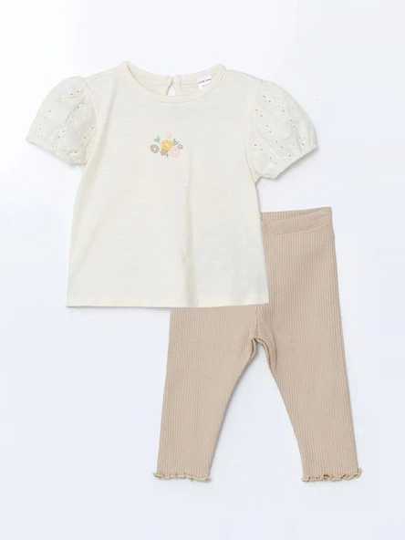 LCW baby EKRU Nakışlı Kız Bebek Tişört ve Eşofman Altı 2'li ürün görseli 1