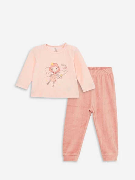 LCW baby Pembe Bisiklet Yaka Kadife Kız Bebek Pijama Takımı ürün görseli 1