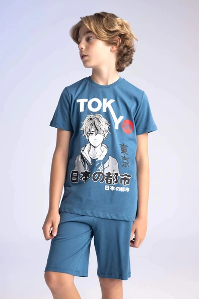 Defacto C2783 İndigo Erkek Çocuk Pijama Takımı Baskılı Kısa Kollu Üst Şort ürün görseli 1