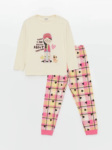LCW Kids EKRU Bisiklet Yaka Baskılı Uzun Kollu Kız Çocuk Pijama Takımı ürün görseli 1