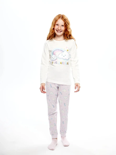 LCW Kids EKRU Bisiklet Yaka Baskılı Uzun Kollu Kız Çocuk Pijama Takımı ürün görseli 1