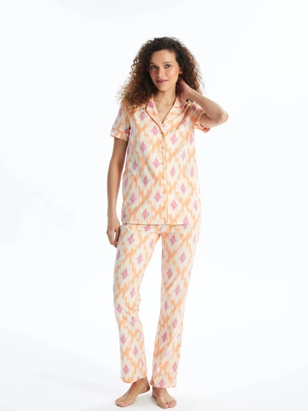 LCW DREAM MERCAN Gömlek Yaka Desenli Kısa Kollu Kadın Pijama Takımı ürün görseli 1
