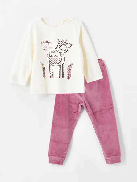 LCW baby EKRU Bisiklet Yaka Kadife Kız Bebek Pijama Takımı ürün görseli 1