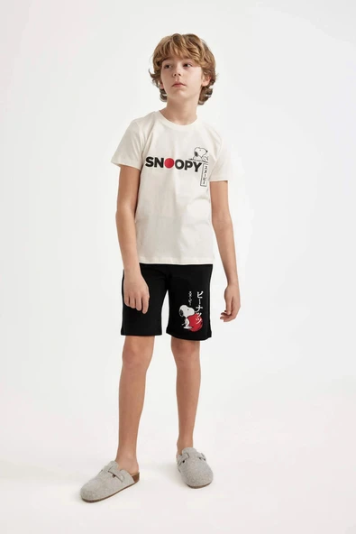 Defacto C2846 Beyaz Erkek Çocuk Snoopy Pijama Takımı Bisiklet Yaka Kısa Kollu Üst Şort - Resim 3