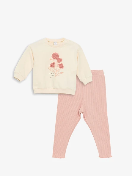 LCW baby EKRU Bisiklet Yaka Baskılı Kız Bebek Sweatshirt ve Eşofman Alt 2'li Takım ürün görseli 1