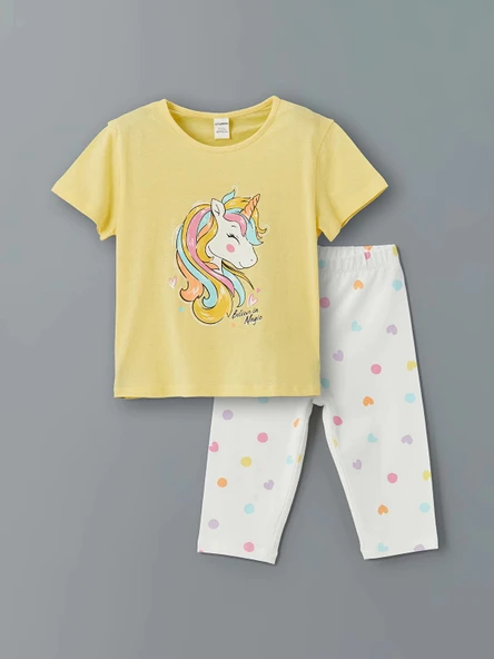 LCW Kids SARI Bisiklet Yaka Baskılı Kız Çocuk Tişört ve Tayt 2'li ürün görseli 1