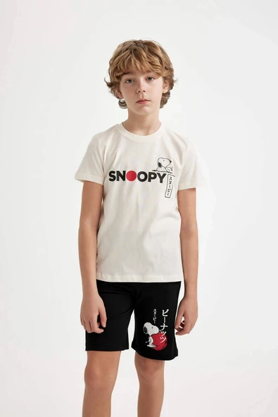 Defacto C2846 Beyaz Erkek Çocuk Snoopy Pijama Takımı Bisiklet Yaka Kısa Kollu Üst Şort - Resim 4