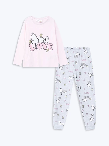 LCW Kids PEMBE Bisiklet Yaka Snoopy Baskılı Uzun Kollu Kız Çocuk Pijama Takımı ürün görseli 1