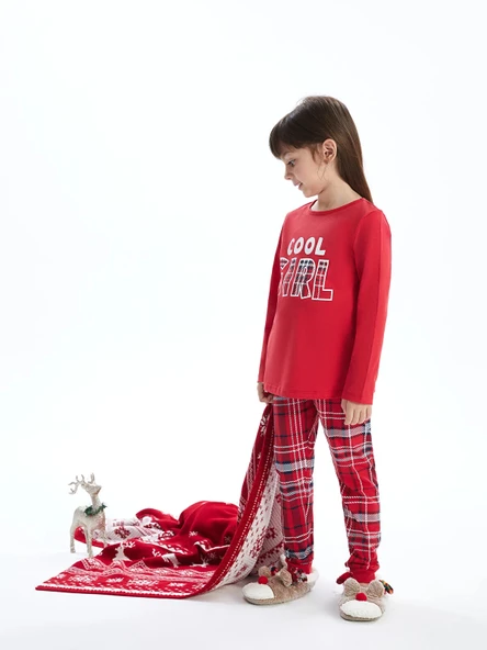 LCW baby KIRMIZI Bisiklet Yaka Uzun Kollu Yılbaşı Temalı Kız Bebek Pijama Takımı ürün görseli 1