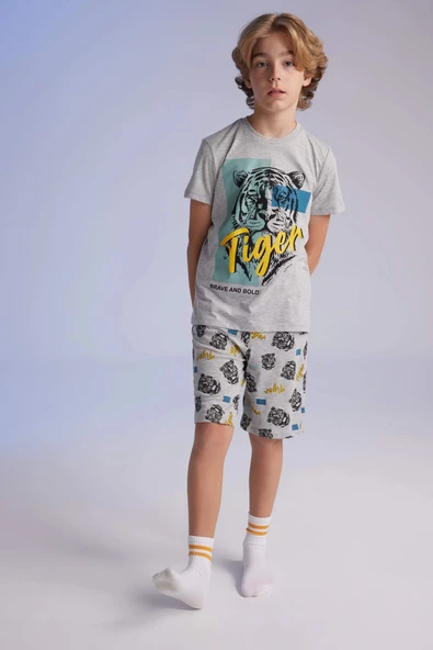 Defacto C2779 Gri Erkek Çocuk Pijama Takımı Baskılı Kısa Kollu Üst Şort ürün görseli 1