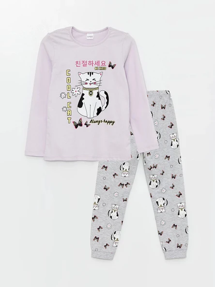 LCW Kids LİLA Bisiklet Yaka Baskılı Uzun Kollu Kız Çocuk Pijama Takımı ürün görseli 1