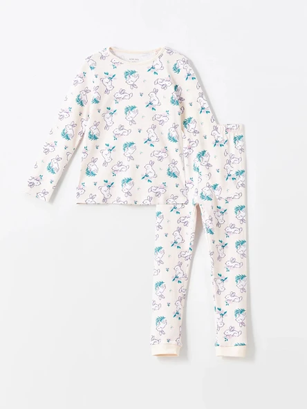 LCW Kids PEMBE Bisiklet Yaka Baskılı Uzun Kollu Kız Çocuk Pijama Takımı ürün görseli 1