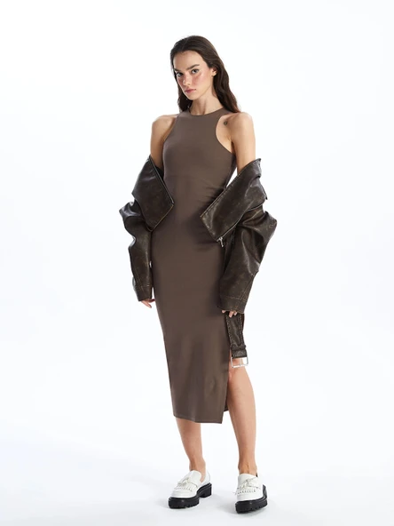 XSIDE KAHVERENGİ Kadın Halter Yaka Düz Bodycon Elbise ürün görseli 1