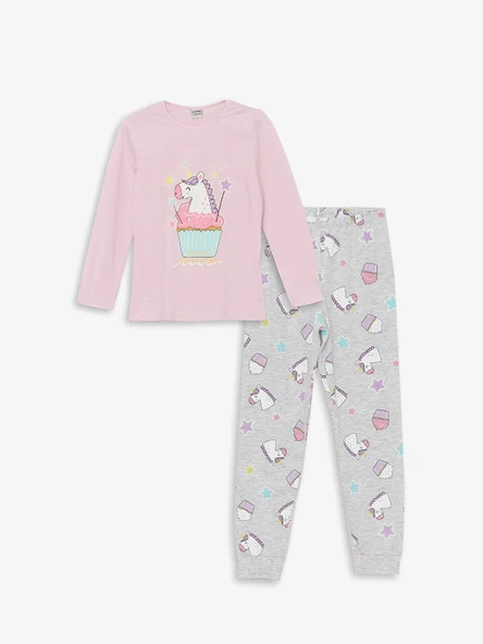 LCW Kids PEMBE Bisiklet Yaka Baskılı Uzun Kollu Kız Çocuk Pijama Takımı ürün görseli 1