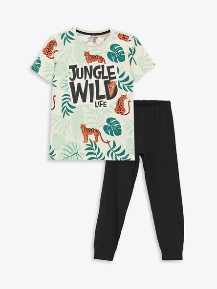 LCW Kids BEJ Bisiklet Yaka Baskılı Kısa Kollu Erkek Çocuk Pijama Takımı ürün görseli 1