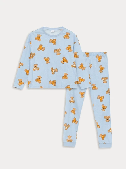 LCW Kids MAVİ Bisiklet Yaka Baskılı Uzun Kollu Kız Çocuk Pijama Takımı ürün görseli 1