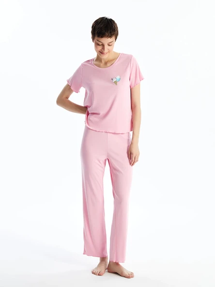 LCW Young PEMBE Bisiklet Yaka Baskılı Kısa Kollu Kadın Pijama Takımı ürün görseli 1