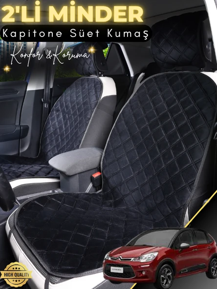MİRCEM Citroen C3 Uyumlu 2'li Süet Oto Koltuk Minderi | Terletmez | Universal | Tam Koruma | A2 Siyah ürün görseli 1