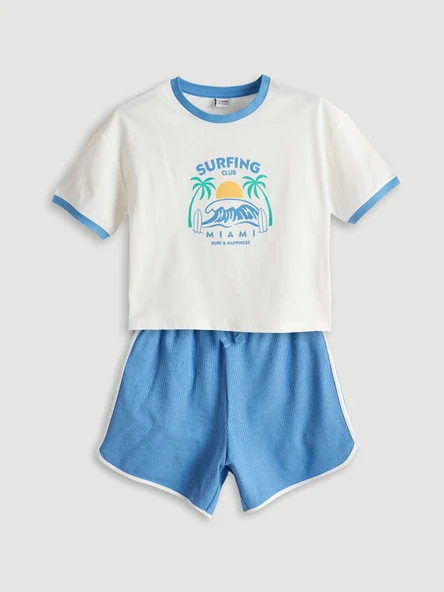 LCW Kids Ekru Bisiklet Yaka Kız Çocuk Tişört ve Şort ürün görseli 1