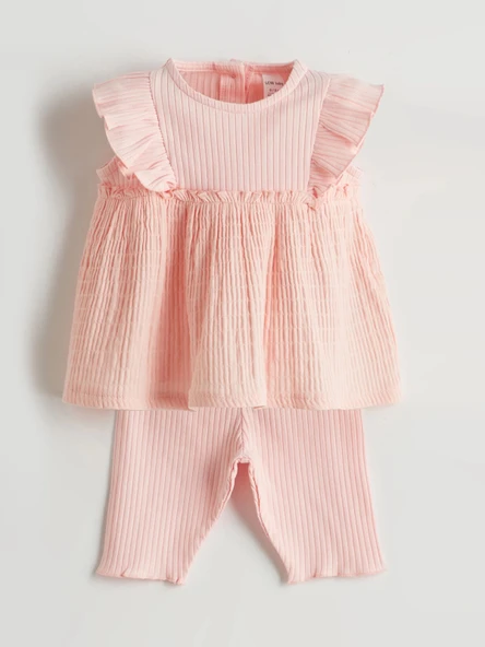 LCW baby Pembe Bisiklet Yaka Kız Bebek Bluz ve Tayt 2'li ürün görseli 1