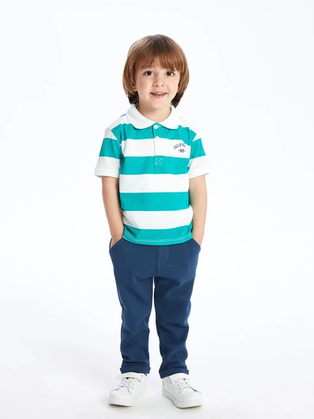 LCW Kids EKRU Polo Yaka Kısa Kollu Çizgili Erkek Bebek Tişört ve Pantolon 2'li Takım ürün görseli 1