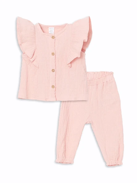 LCW baby Pembe Bisiklet Yaka Dokulu Kız Çocuk Gömlek ve Pantolon 2'li ürün görseli 1
