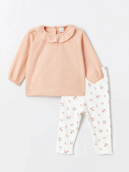 LCW baby PEMBE Bebe Yaka Uzun Kollu Baskılı Kız Bebek Bluz ve Tayt 2'li Takım ürün görseli 1
