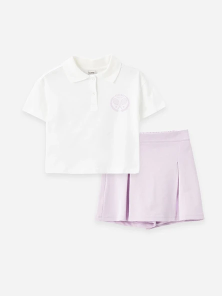 LCW Kids EKRU Polo Yaka Baskılı Kız Çocuk Tişört ve Şort Etek ürün görseli 1