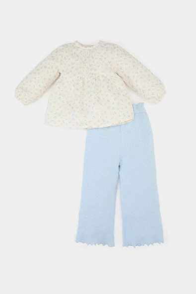 Defacto E5708 Ekru Kız Bebek 2'li Takım Çiçekli Müslin Uzun Kollu Bluz Beli Lastikli Geniş Bol Paça Pantolon ürün görseli 1