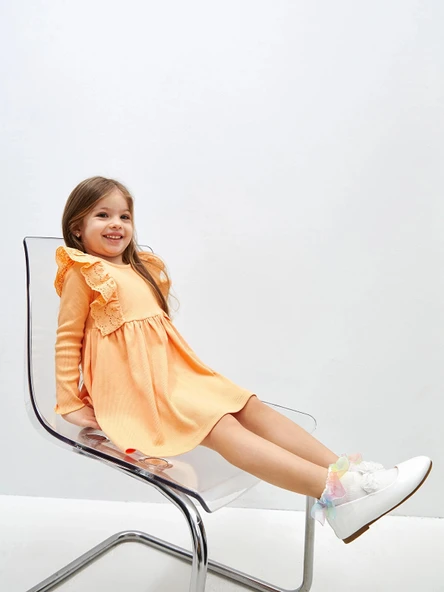 LCW Kids TURUNCU Bisiklet Yaka Uzun Kollu Basic Kız Bebek Elbise ürün görseli 1
