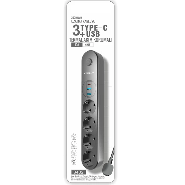 Termal Akım Korumalı 4 Prizli USB Girişli Uzatma Kablosu ürün görseli 1