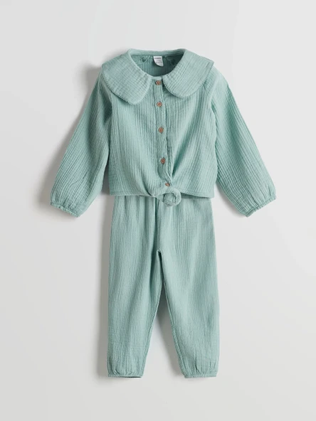 LCW Kids Yeşil Bebe Yaka Kız Çocuk Gömlek ve Pantolon 2'li ürün görseli 1
