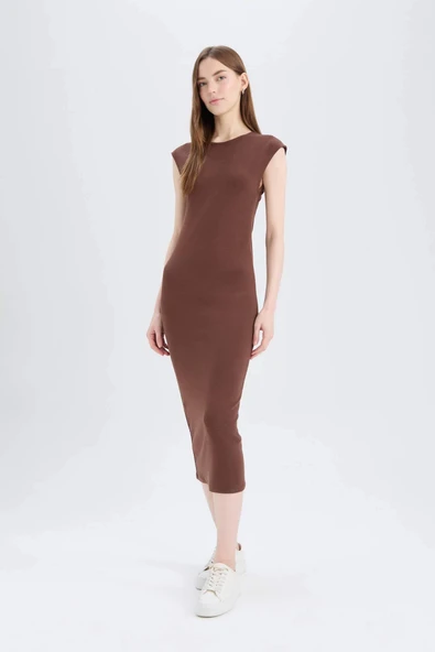 Defacto D5220 Kahve Bodycon Vücudu Saran Bisiklet Yaka Ribana Kısa Kollu Midi Elbise ürün görseli 1