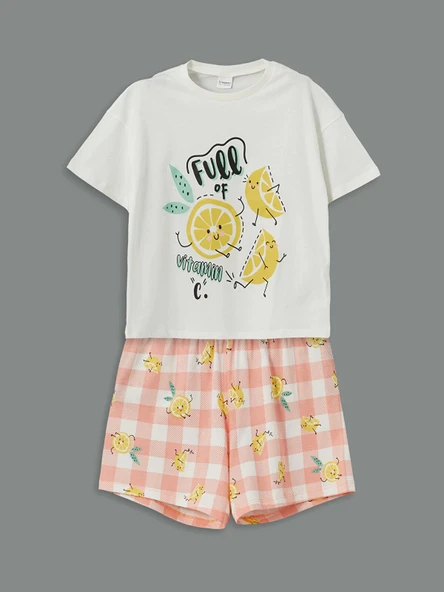 LCW Kids Ekru Bisiklet Yaka Kız Çocuk Şortlu Pijama Takımı ürün görseli 1