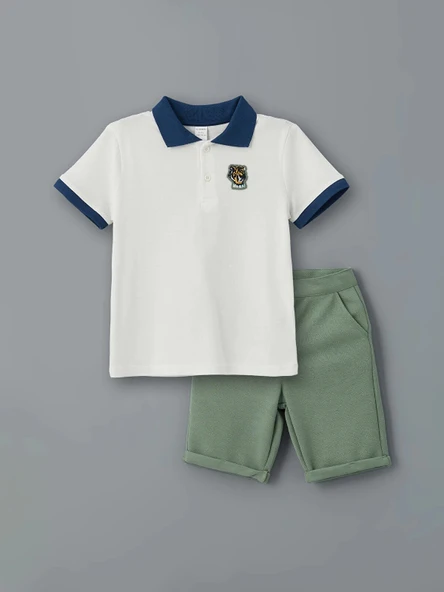 LCW Kids Ekru Polo Yaka Nakışlı Erkek Çocuk Tişört ve Şort 2'li ürün görseli 1